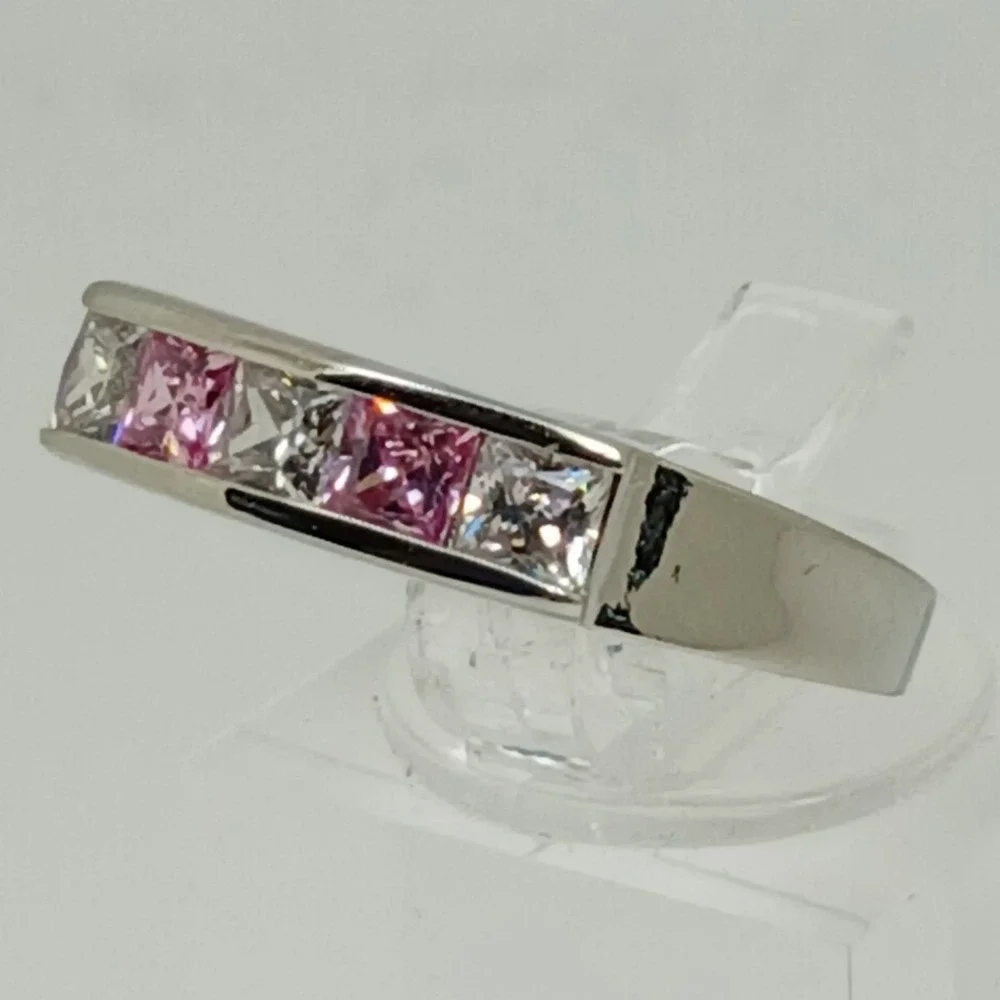 Vintage 90s Pink Clear Princess Cut CZ Channel Set Silver Tone Band Ring Size 10
